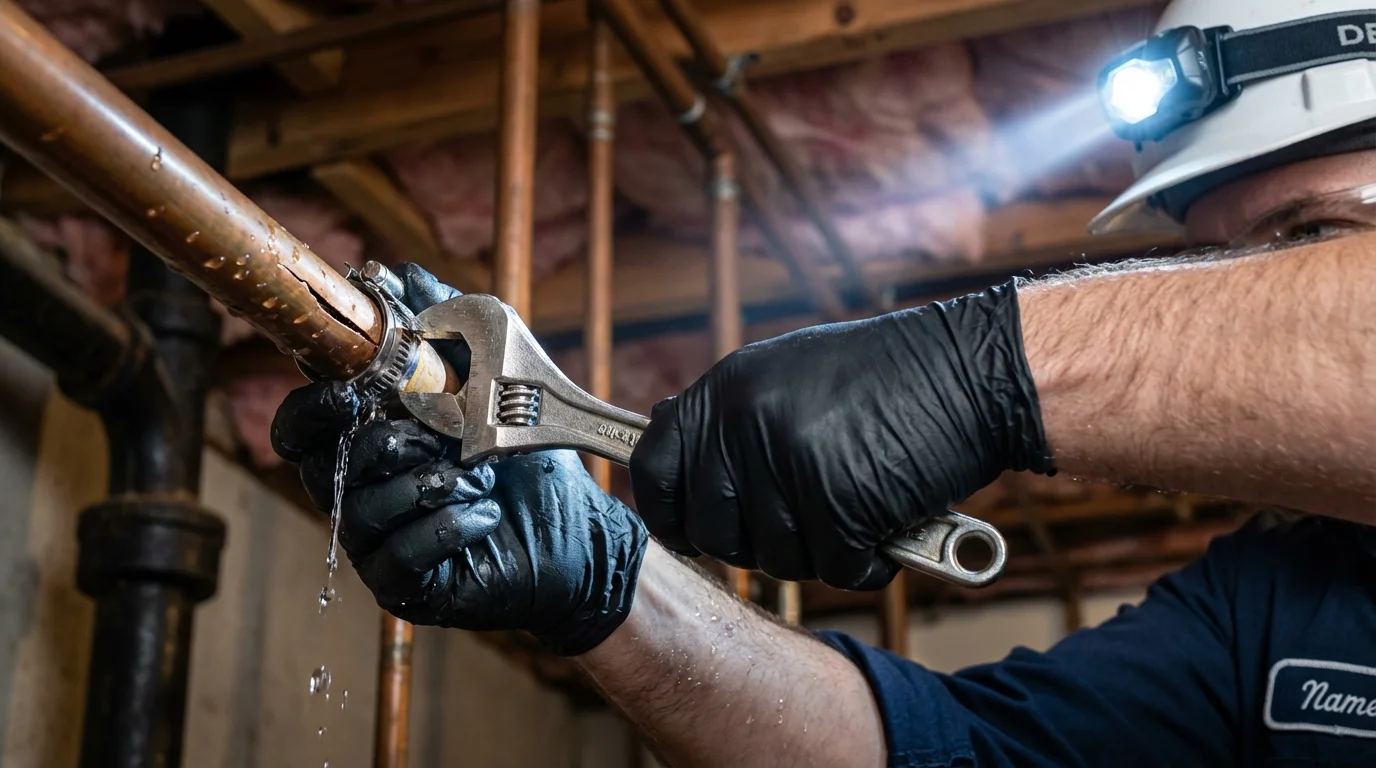Emergency pipe clamp repair being performed by a Johns Plumbing LLC plumber in Las Vegas