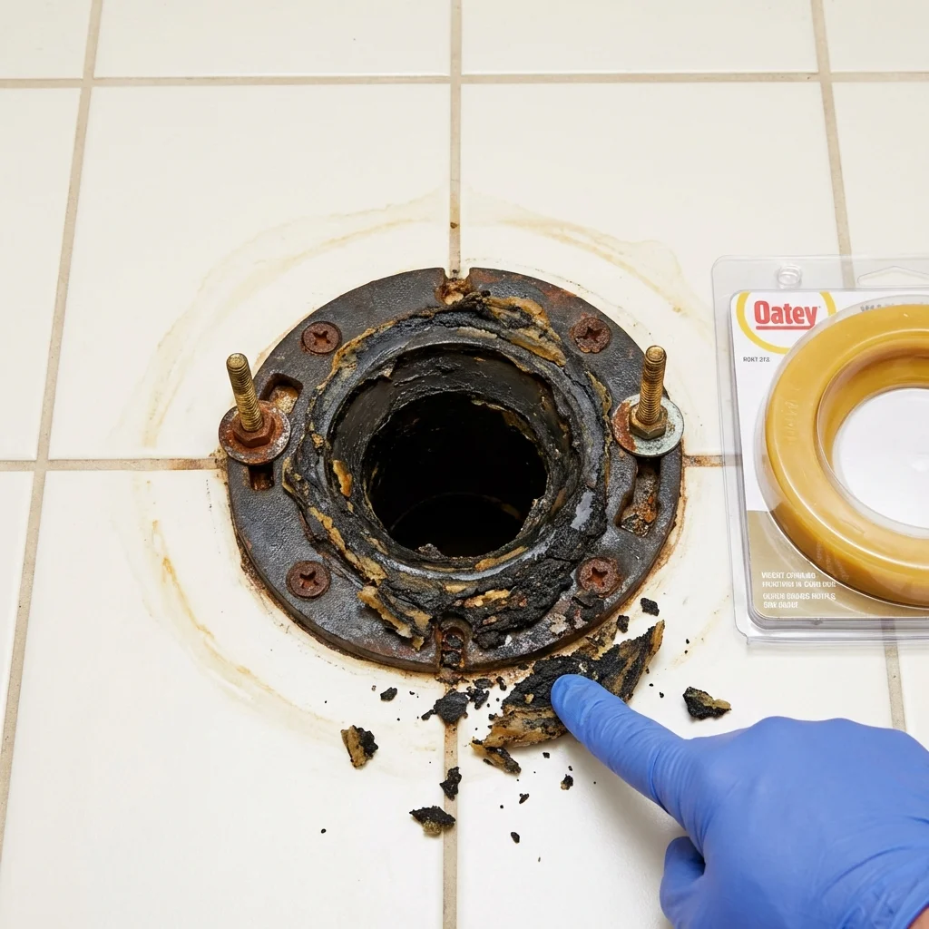 Failed wax ring showing water seepage at the base of a toilet in a Las Vegas, NM home