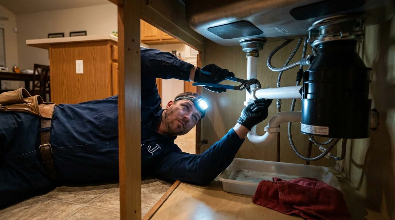 P-trap and supply line connections under a kitchen sink showing a common leak point in Las Vegas, NM